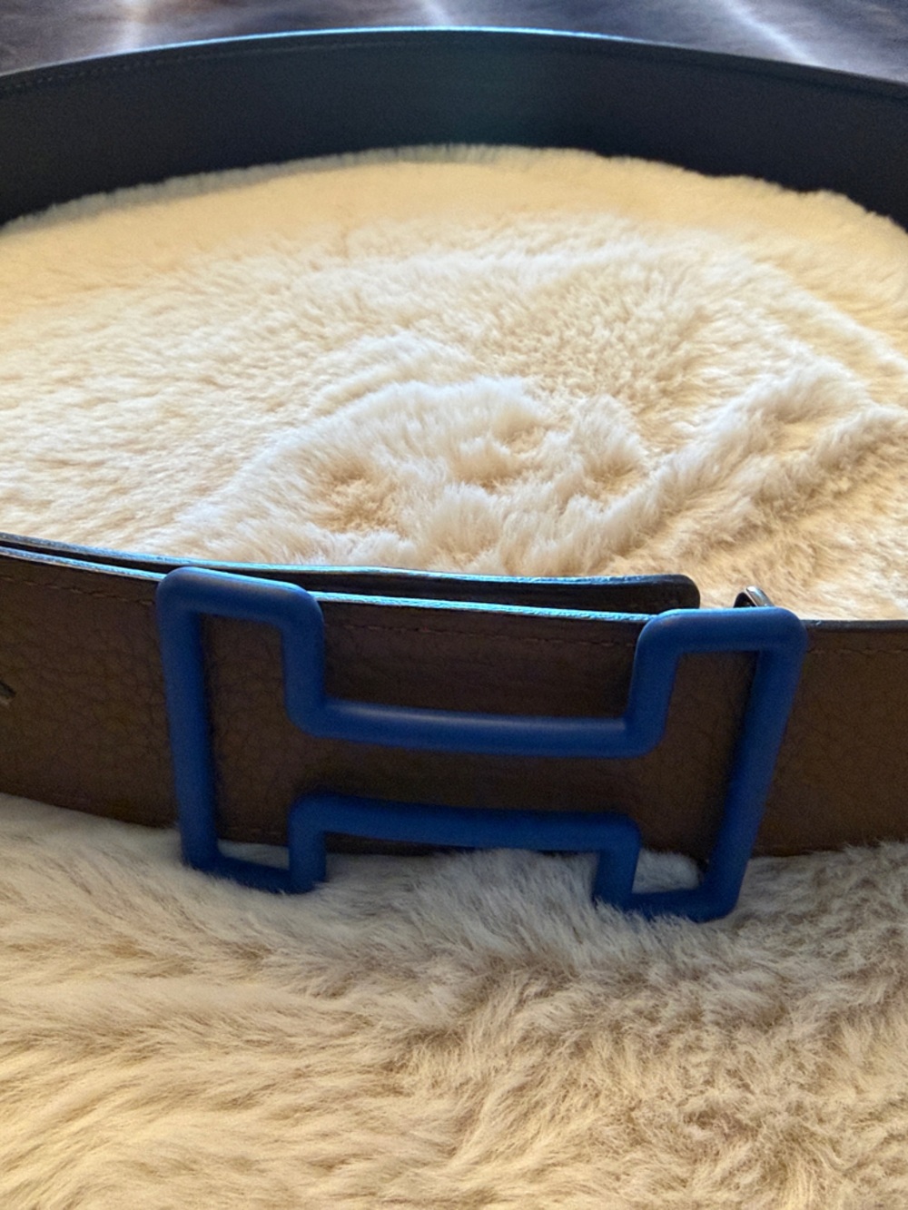 Hermes Paris reversible black/ Brown leather Belt with Blue Buckle